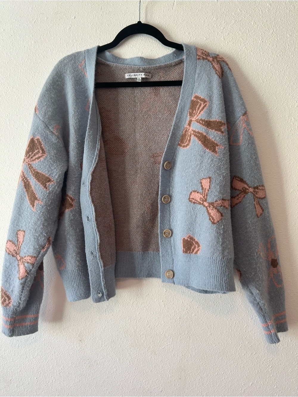 Celebrity Pink Sky Blue Cardigan with Pink Bow Pattern